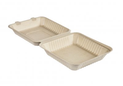Miljövänlig clamshell-box tillverkad av komposterbara sockerrörsfibrer – perfekt för snabbmat och take away